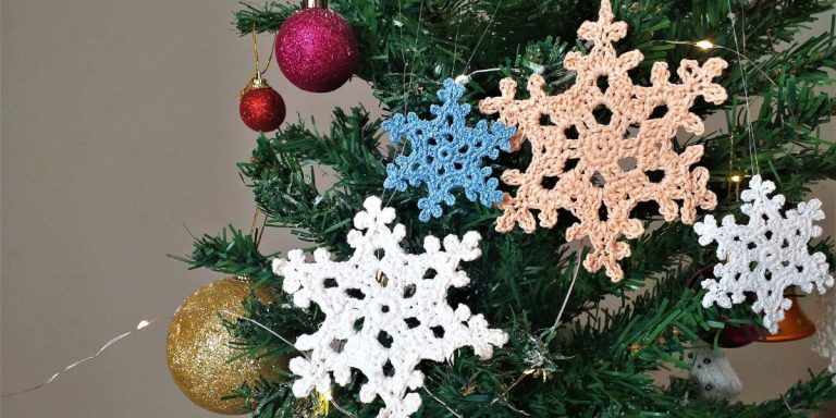 crochet snowflakes on a Christmas tree
