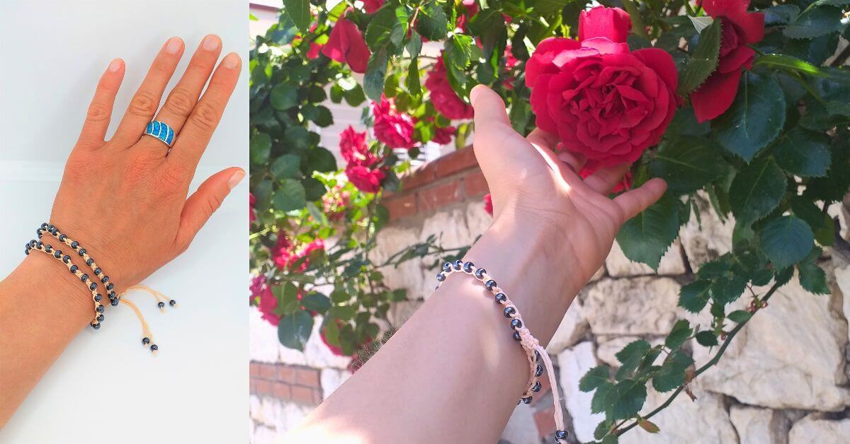 crochet bracelet touching the rose outside